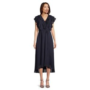 Gabby Skye women'sRuffled Flutter-Sleeve Chiffon Midi Dress size 12 in navy $165